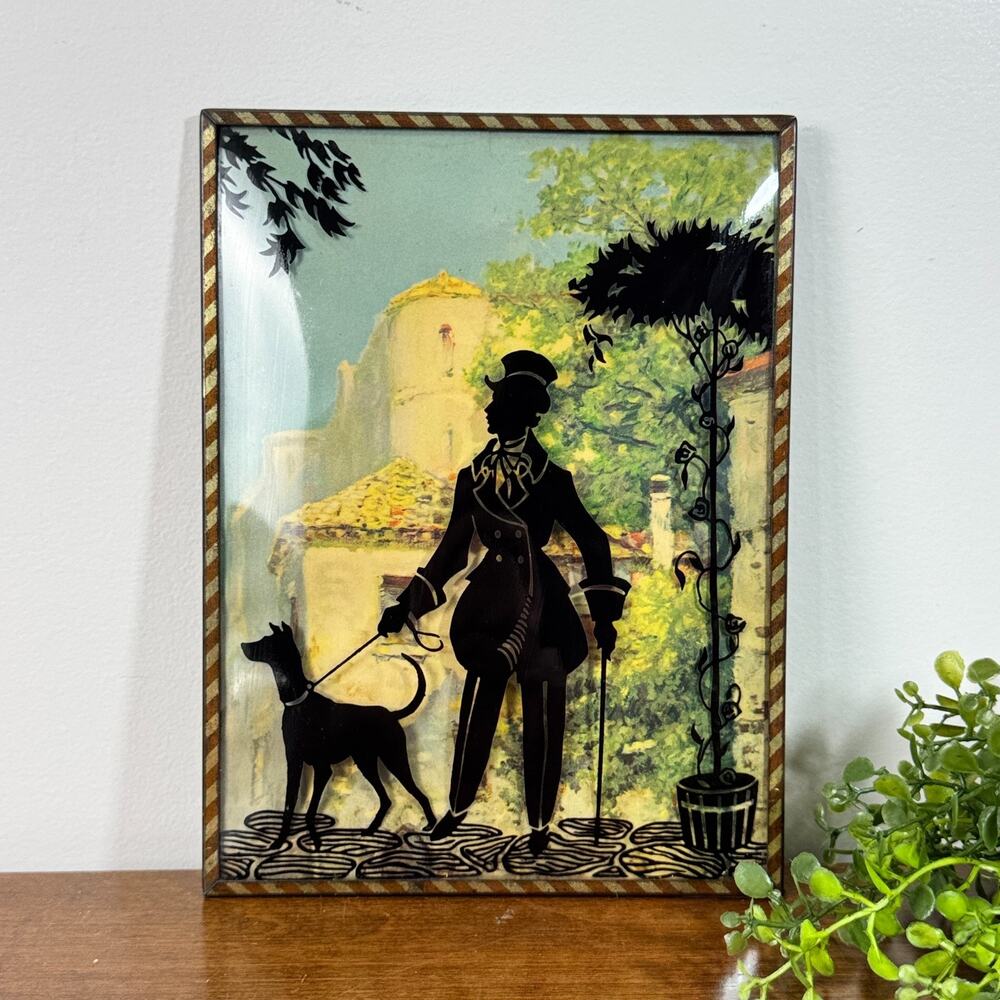 Antique Reverse Silhouette Art On Convex Bubble Glass Size 6x8” Dog Man